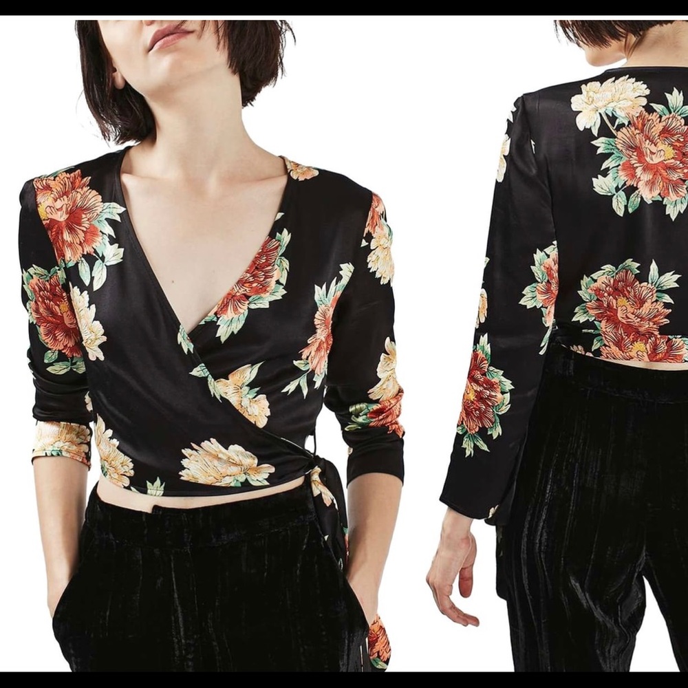 Topshop floral Sophia floral satin wrap top size 2